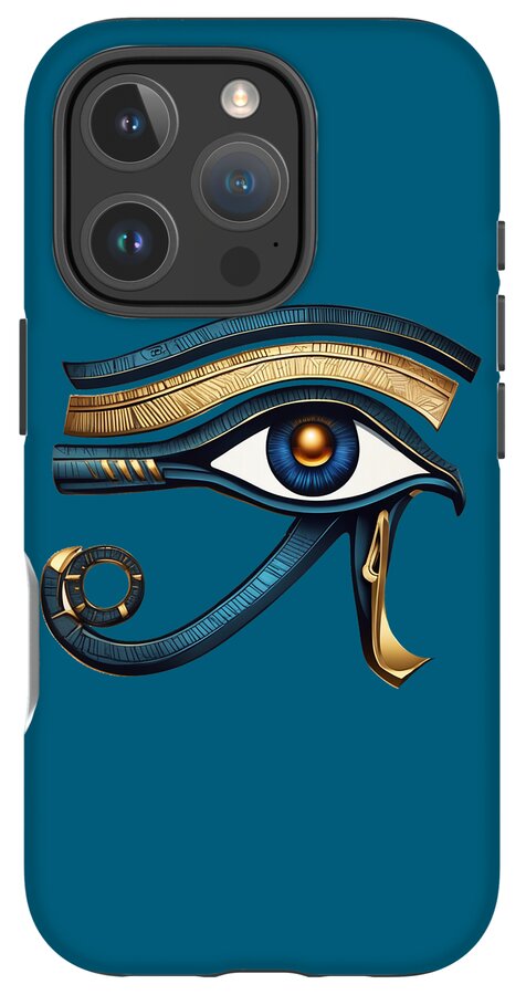 Blue phone case with Eye of Horus eye symbol; rear camera module with multiple lenses visible.
