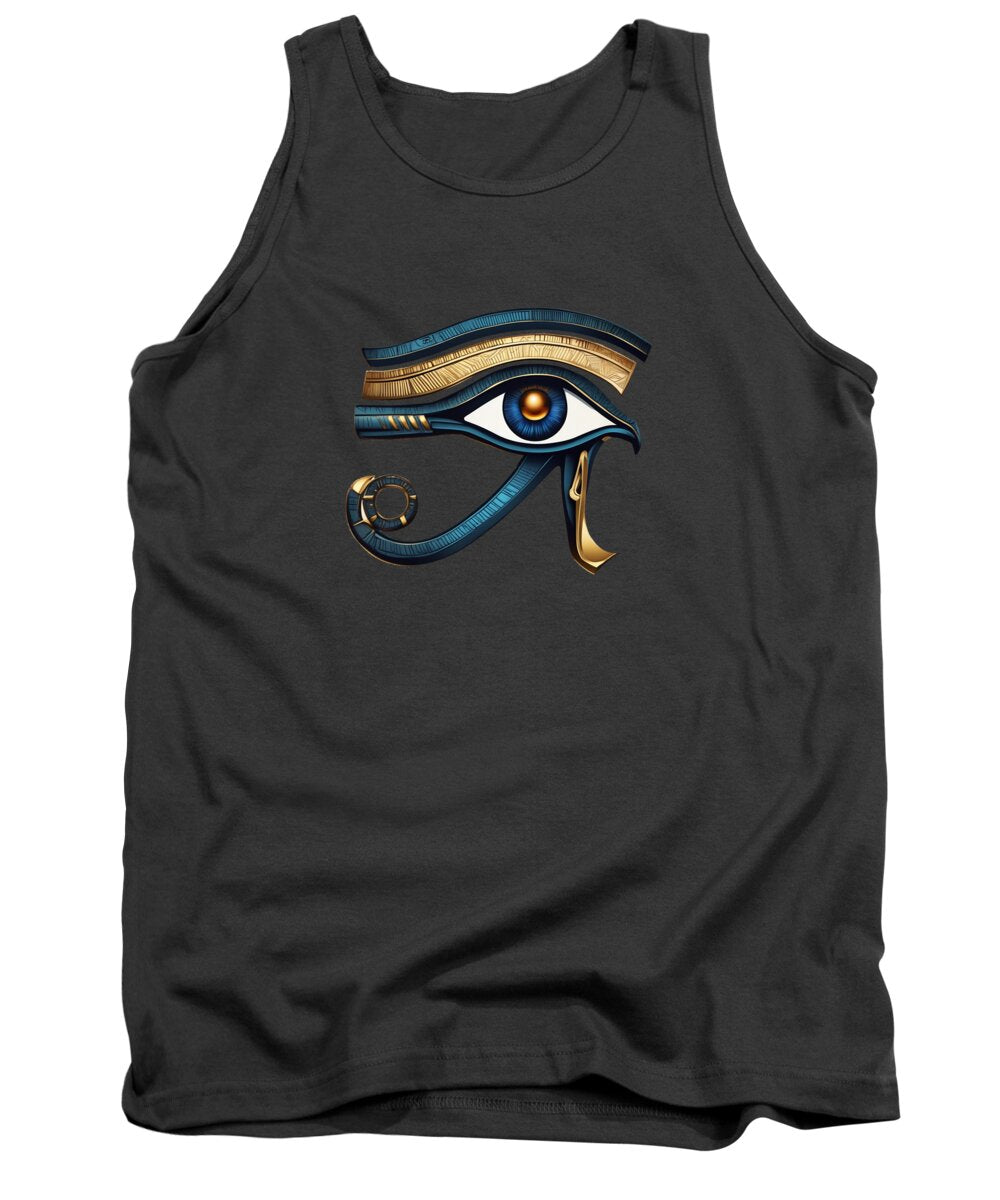 Charcoal gray tank top with stylized ancient eye symbol graphic at center