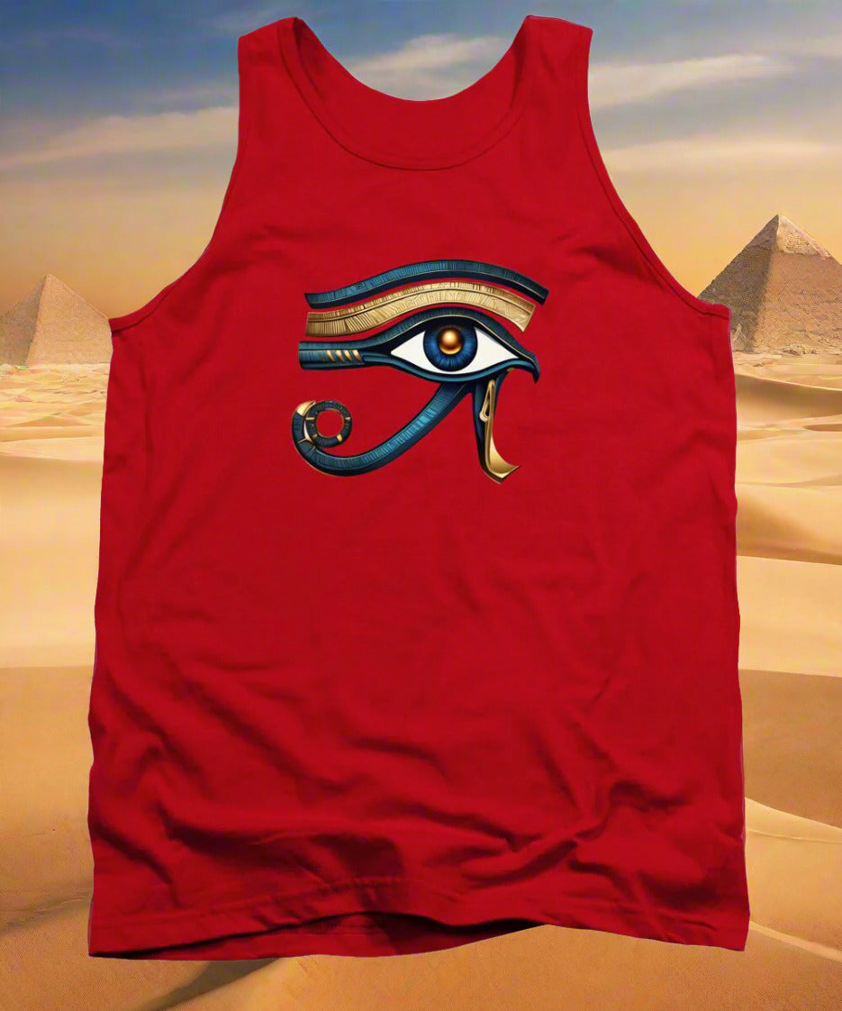 Red tank top with stylized ancient eye symbol graphic at center