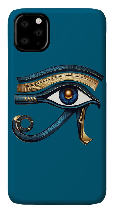 Teal iPhone case with Eye of Horus eye design and gold ring charm near the lower left.