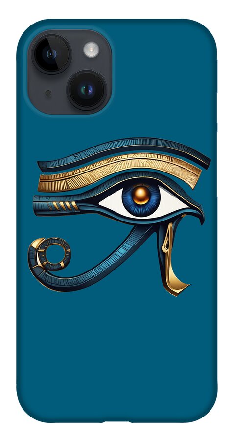 Teal iPhone case with Eye of Horus eye symbol in gold and blue, near camera cutouts