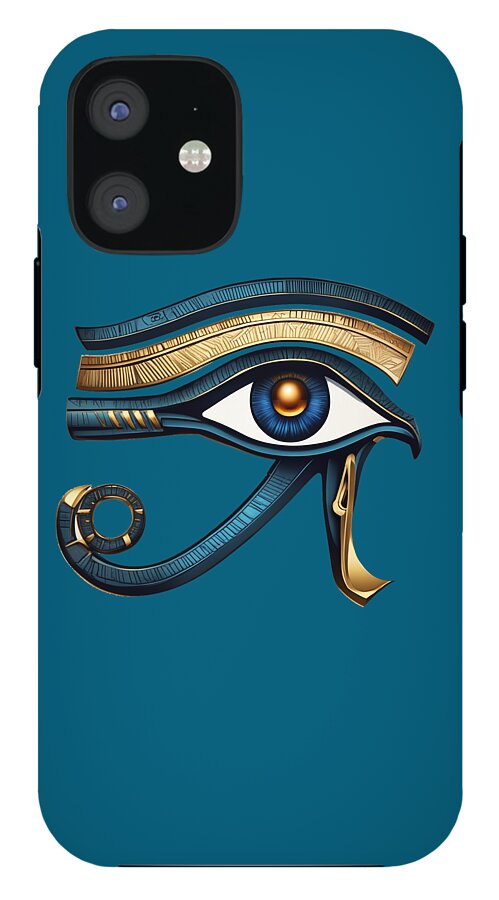 Blue iPhone case with Eye of Horus eye symbol in gold and blue, black camera cutout