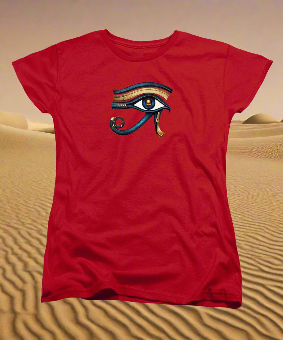 Women’s T-shirt, red, with multicolor Eye of Horus-style graphic on front