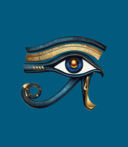 Ancient Egyptian eye symbol art print with blue and gold stylized eye and wings