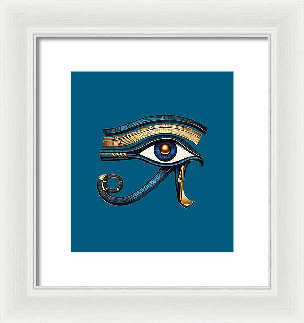 Framed Eye of Horus symbol print with blue background and gold-blue eye, white frame