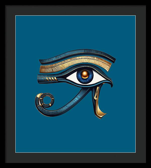 Framed Eye of Horus symbol print with teal background and blue-gold eye, black frame