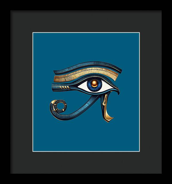 Framed Eye of Horus symbol print with blue background and gold-blue eye, dark frame and mat