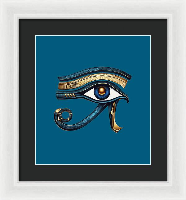 Framed Eye of Horus wall art print with white frame and black mat, ornate eye symbol.