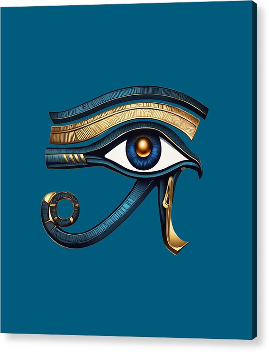 Ancient Egyptian eye symbol acrylic print with gold and blue details on dark teal