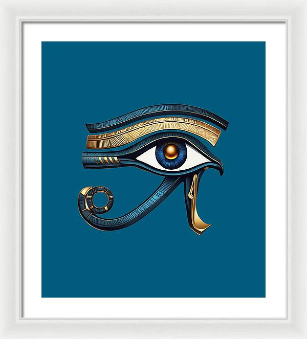 Framed Eye of Horus symbol print with teal background and blue-gold eye, white frame