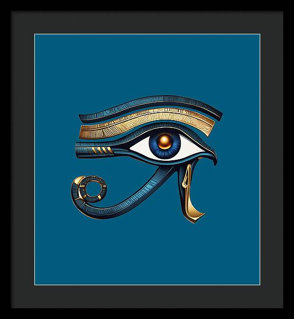 Framed Eye of Horus symbol print, dark frame and black mat, blue background