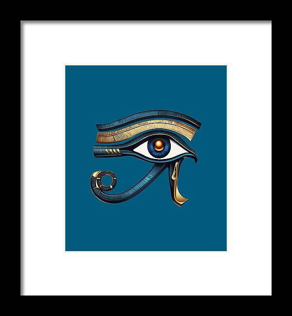 Framed Eye of Horus symbol print with blue background and gold-blue eye design, black frame