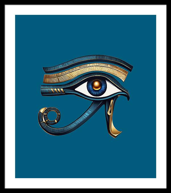 Framed Eye of Horus symbol print with teal background and blue-gold eye, black frame