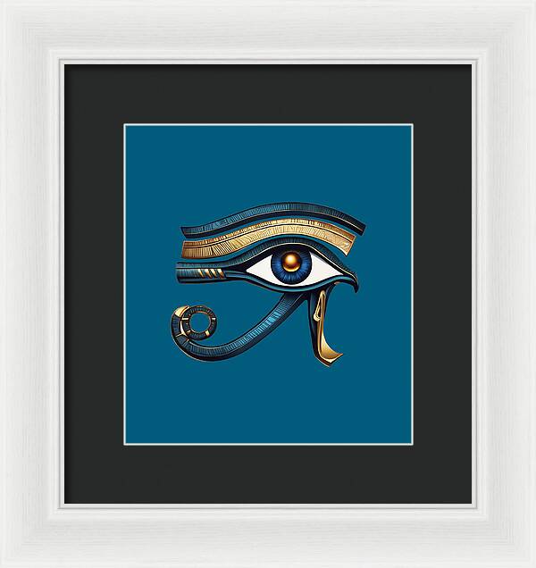 Framed Eye of Horus symbol print with blue background and gold-blue eye, white frame and gray mat