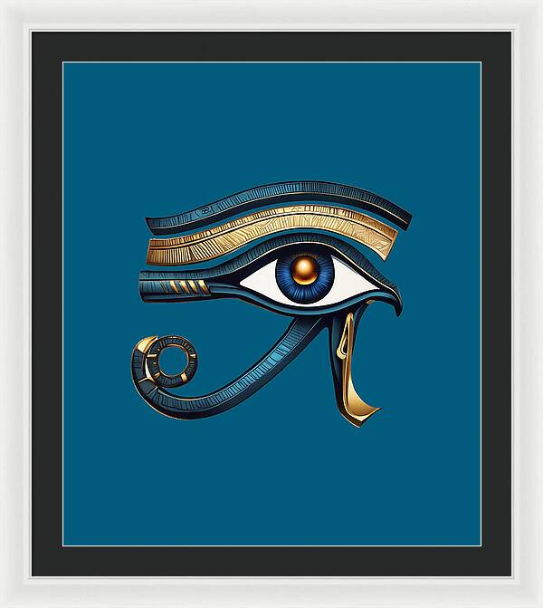 Framed Eye of Horus symbol print with teal background and blue-gold eye, black frame