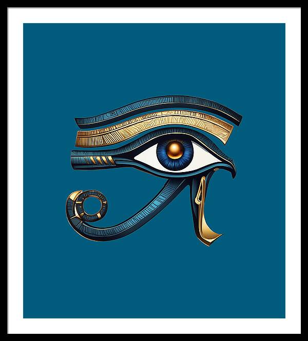 Framed Eye of Horus symbol print with teal background and blue-gold eye, white frame