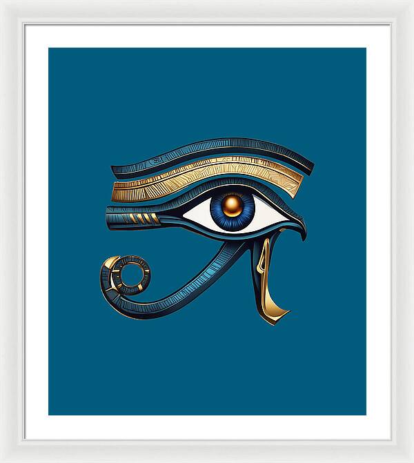 Framed Eye of Horus symbol print with teal background and blue-gold eye, white frame