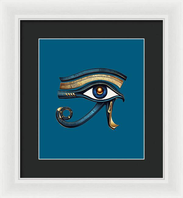 Framed Eye of Horus wall art print with black frame and black mat, ornate eye symbol.