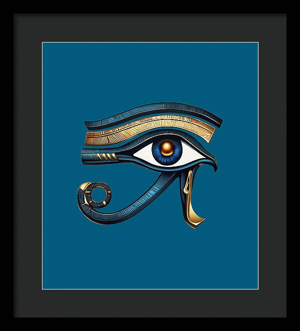 Framed Eye of Horus wall art print with dark frame, ornate eye symbol with gold details.