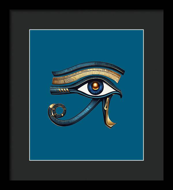 Framed Eye of Horus wall art print with black frame, featuring an ornate eye symbol.