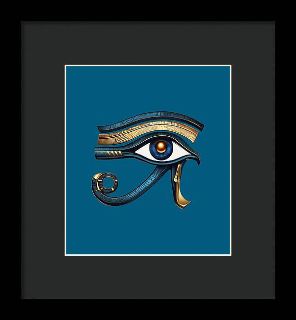 Framed Eye of Horus symbol print with blue background and gold-blue eye design, dark frame