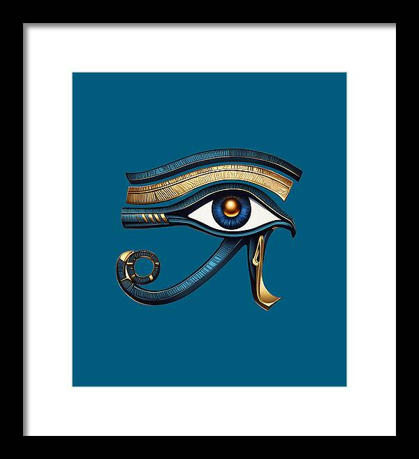 Framed Eye of Horus symbol print with blue background and gold-blue eye, white frame