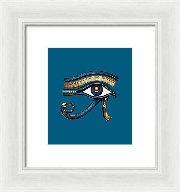 Framed Eye of Horus symbol print with blue background and gold-blue eye, white frame and white mat