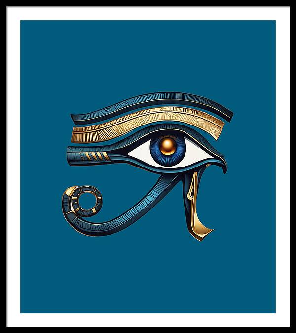 Framed Eye of Horus symbol print with teal background and blue-gold eye, white frame