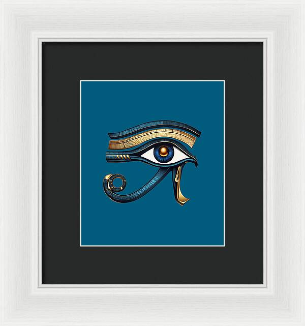 Framed Eye of Horus symbol print with blue background and gold-blue eye, white frame and black mat