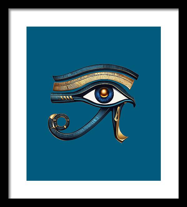 Framed Eye of Horus wall art print with black frame and white mat, ornate eye symbol.