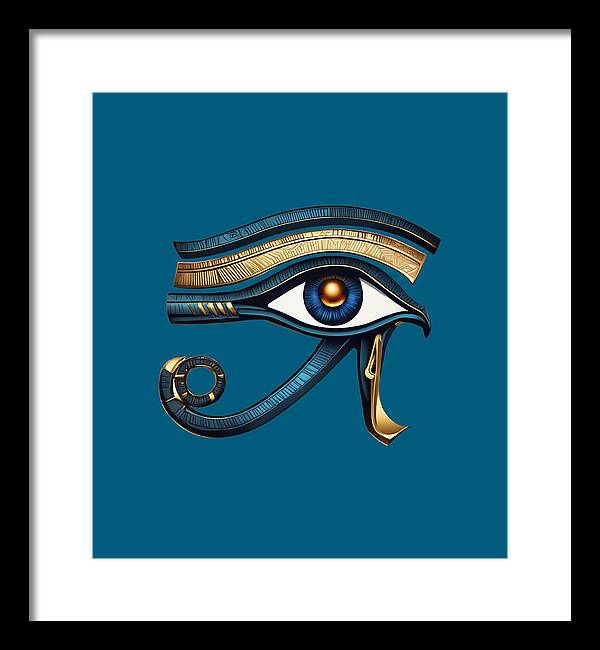 Framed Eye of Horus wall art print with black frame and white mat, ornate eye symbol.