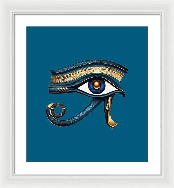 Framed Eye of Horus symbol print, white frame, blue background, gold-and-blue eye