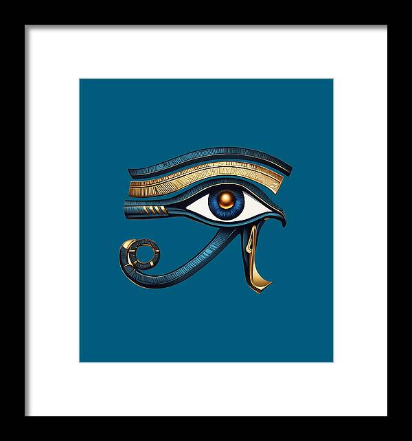 Framed Eye of Horus symbol print with blue background and gold-blue eye, black frame with white mat