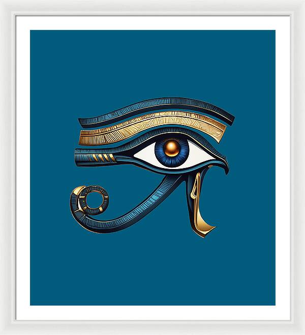 Framed Eye of Horus symbol print with teal background and blue-gold eye, white frame