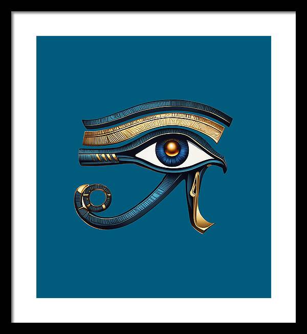 Framed Eye of Horus symbol print, black frame, blue background, gold-and-blue eye