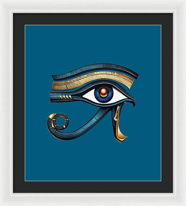 Framed Eye of Horus symbol print with teal background and blue-gold eye, black frame