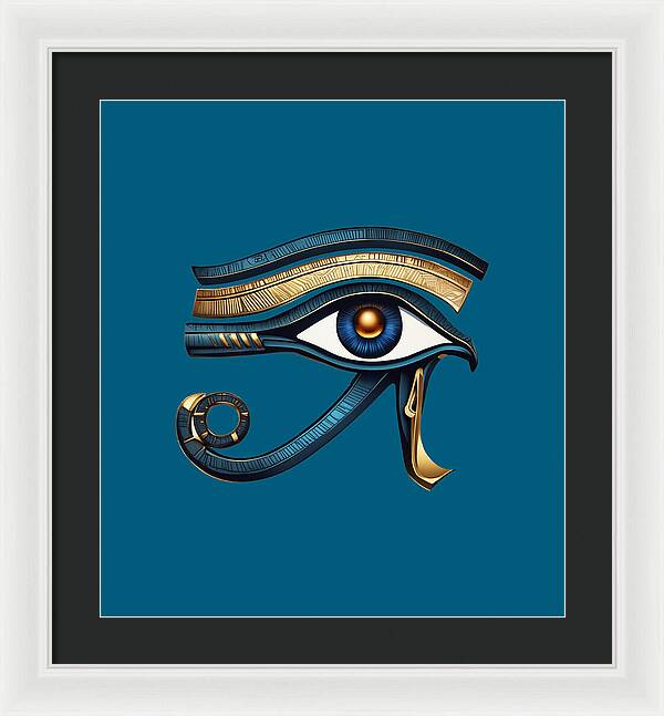 Framed Eye of Horus symbol print, dark frame, blue background, gold-and-blue eye