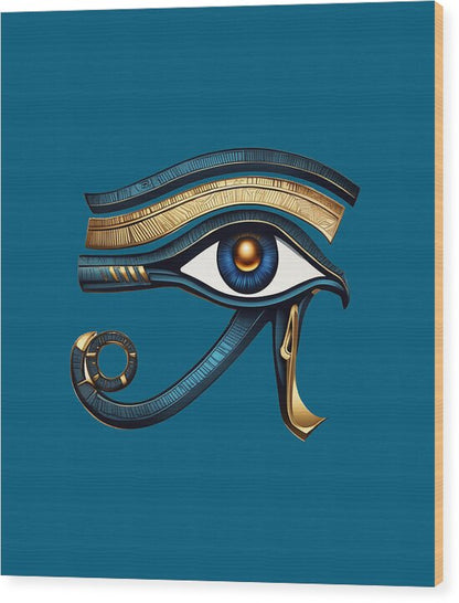 Eye of Horus wood print with stylized gold and blue eye symbol, gold accents