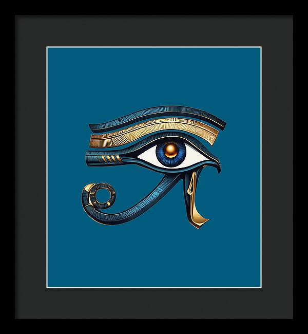 Framed Eye of Horus wall art print with black frame and dark mat, ornate eye symbol.