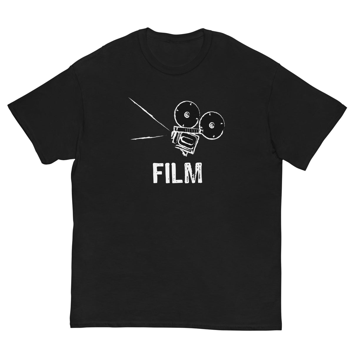 Black film camera graphic T-shirt with “FILM” text on the front