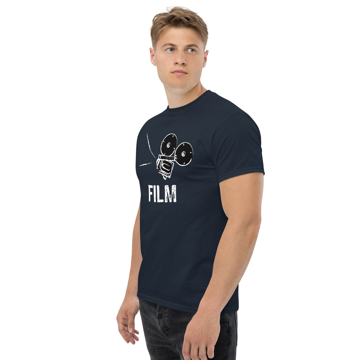 Navy film camera graphic T-shirt with “FILM” text on the front