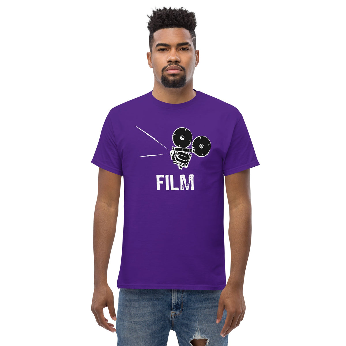 Purple film camera graphic T-shirt with “FILM” text on the front
