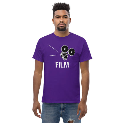 Purple film camera graphic T-shirt with “FILM” text on the front