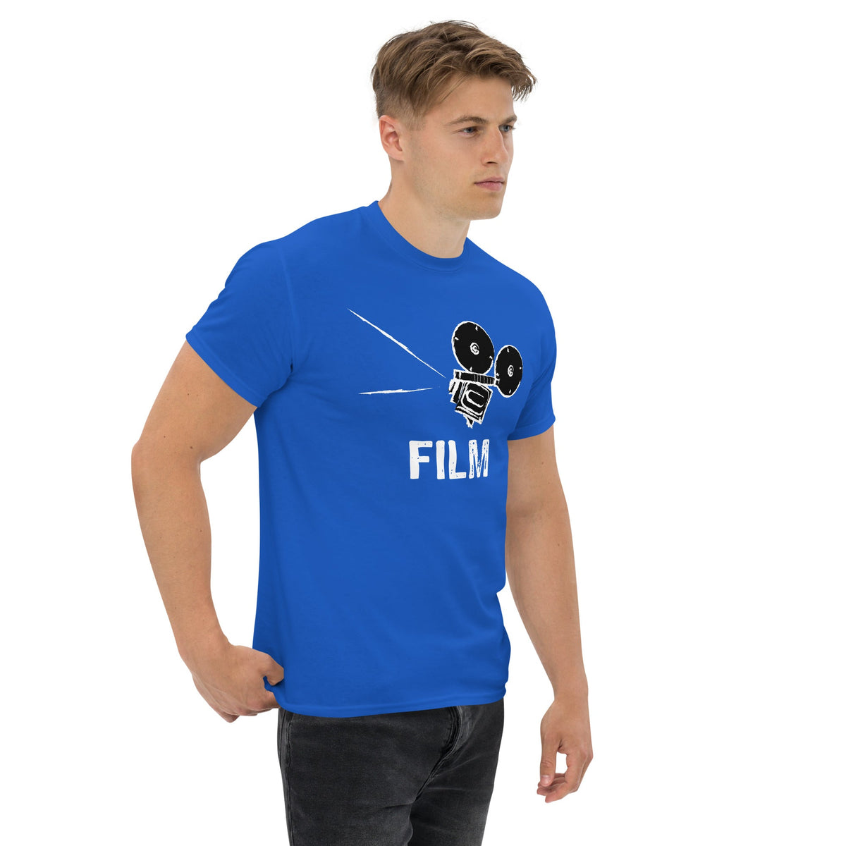 Blue film camera graphic T-shirt with “FILM” text on the front