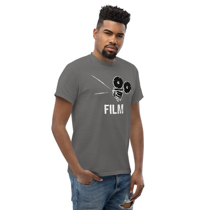 Charcoal gray film camera graphic T-shirt with “FILM” text on the front