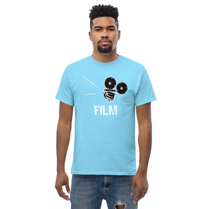 Sky blue film camera graphic T-shirt with “FILM” text on the front