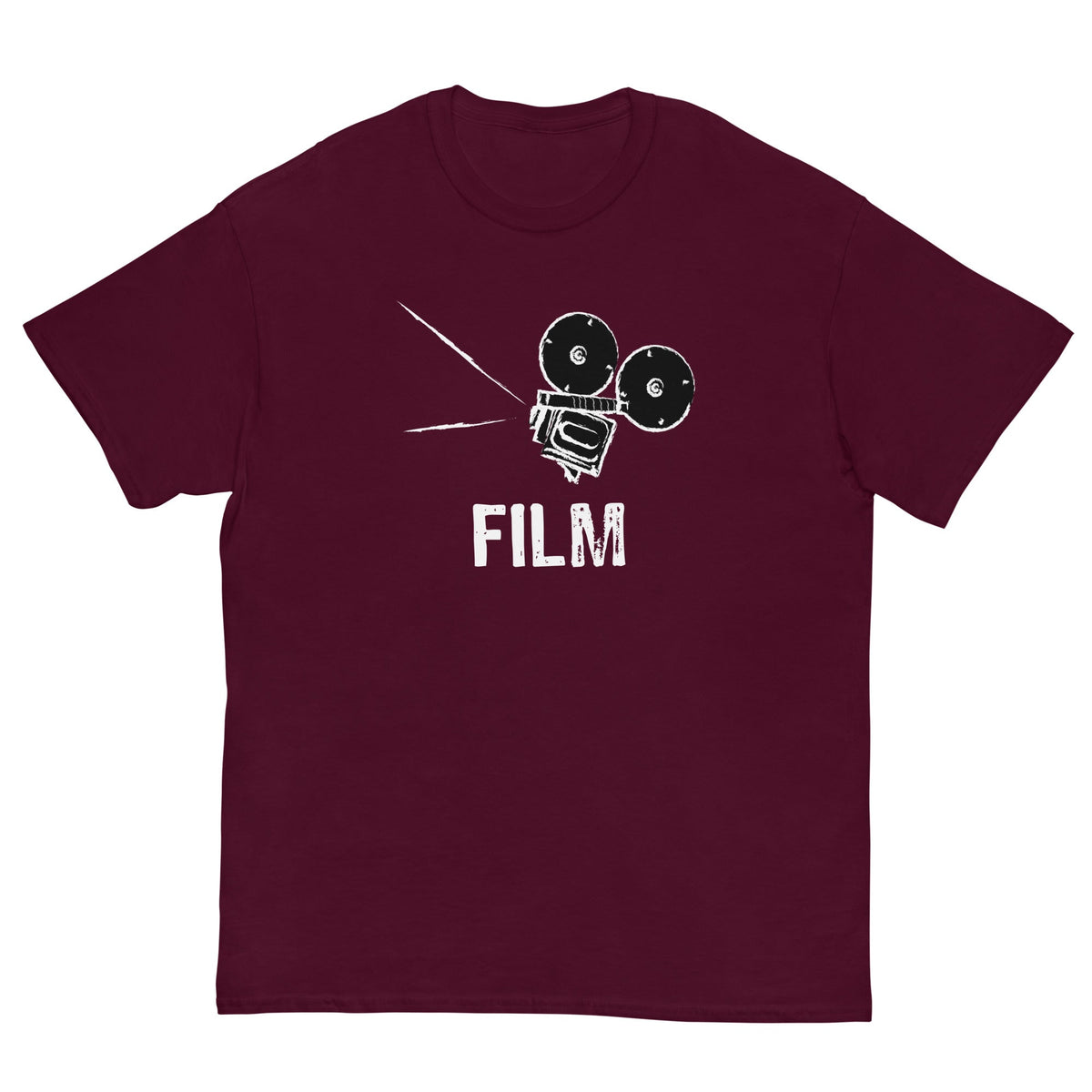 Maroon film camera graphic T-shirt with white FILM text and camera icon