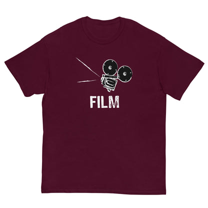 Maroon film camera graphic T-shirt with white FILM text and camera icon