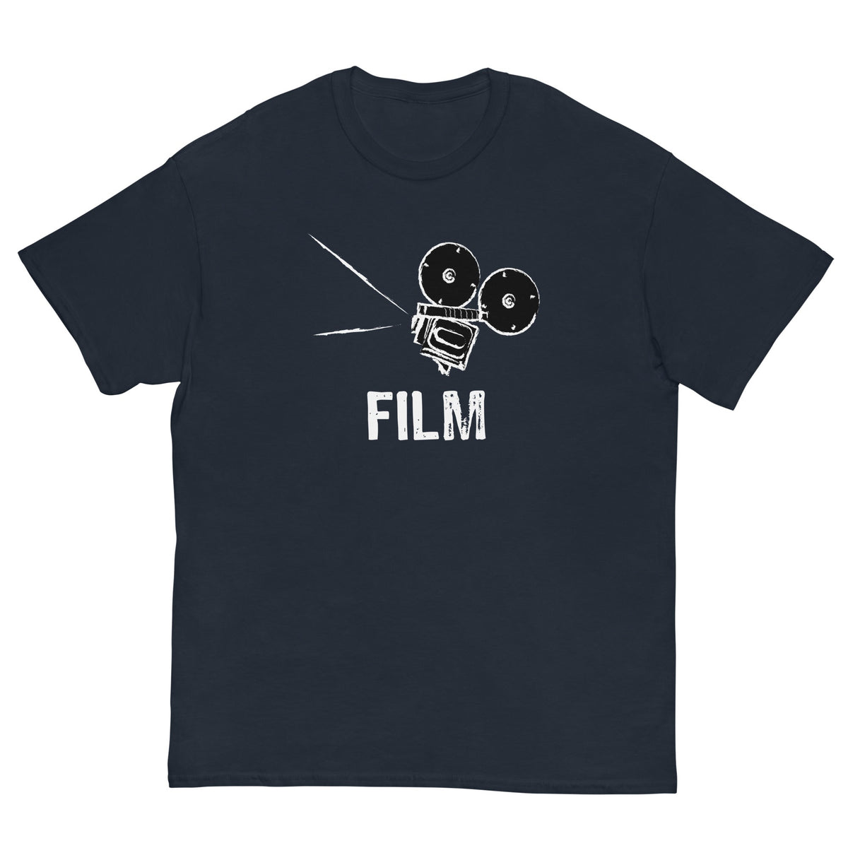 Navy film camera graphic T-shirt with white FILM text and camera icon