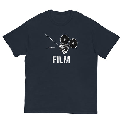 Navy film camera graphic T-shirt with white FILM text and camera icon